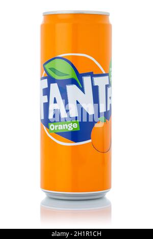 Stuttgart, Germany - January 11, 2021: Fanta orange lemonade soft drink in can isolated on a white background in Stuttgart in Germany. Stock Photo