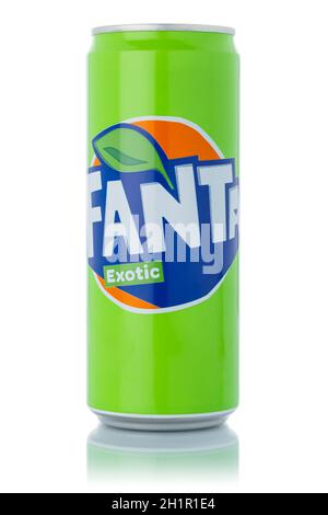 Stuttgart, Germany - January 12, 2021: Fanta Exotic lemonade soft drink in can isolated on a white background in Stuttgart in Germany. Stock Photo