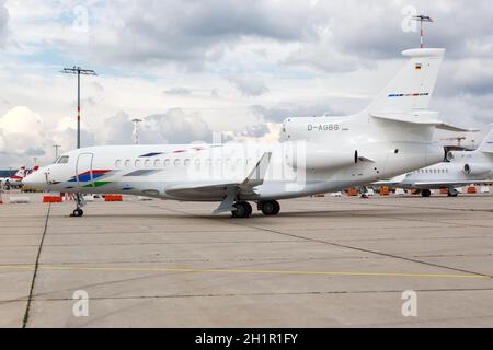 Stuttgart, Germany - July 15, 2017: VW Air Services Dassault Falcon 7X airplane at Stuttgart Airport (STR) in Germany. Stock Photo