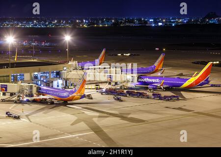 Phoenix, Arizona - April 8, 2019: Southwest Airlines Boeing 737 airplanes at Phoenix Airport (PHX) in Arizona. Boeing is an American aircraft manufact Stock Photo