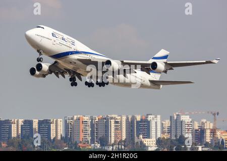 Tel Aviv, Israel - February 24, 2019: El Al Israel Airlines Boeing 747-400 airplane at Tel Aviv airport (TLV) in Israel. Boeing is an American aircraf Stock Photo