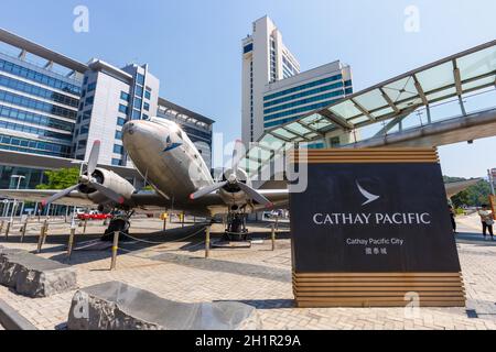 Hong Kong, China - September 20, 2019: Cathay Pacific City headquarters Douglas DC-3 airplane Hong Kong Airport in China. Stock Photo