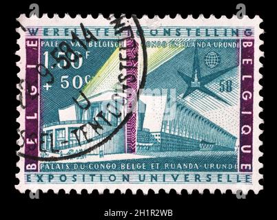 Stamp printed in Belgium, shows Belgian Congo, Ruanda-Urundi Pavilion, circa 1957 Stock Photo