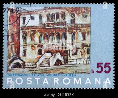 Stamp printed by Romania, shows Painting of Venice by N. Petrascu, circa 1972 Stock Photo