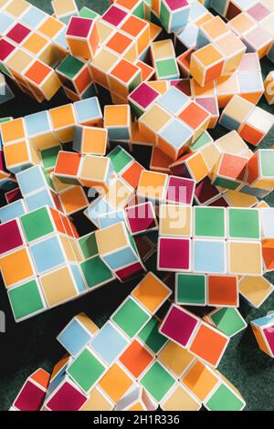 Wooden colored toy blocks on a floor, game Stock Photo