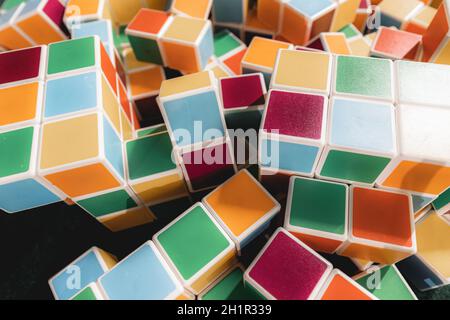 Wooden colored toy blocks on a floor, game Stock Photo