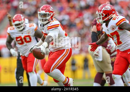 Sunday, October 17, 2021; Landover, MD, USA;  Kansas City Chiefs defensive end Tershawn Wharton (98) celebrates an interception of Washington Football Stock Photo