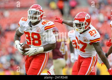 Sunday, October 17, 2021; Landover, MD, USA;  Kansas City Chiefs defensive end Tershawn Wharton (98) celebrates an interception of Washington Football Stock Photo