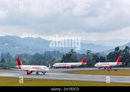 Medellin, Colombia - January 27, 2019: Avianca Airbus airplanes at Medellin Rionegro Airport (MDE) in Colombia. Airbus is a European aircraft manufact Stock Photo