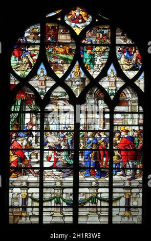 Wisdom of Solomon: Judgement of Solomon, stained glass, Church of St. Gervais and St. Protais, Paris Stock Photo