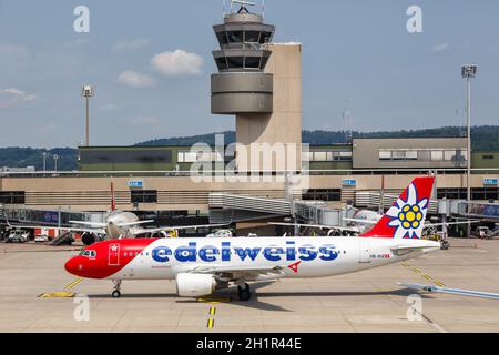 Zurich, Switzerland - July 22, 2020: Edelweiss Airbus A320 airplane at Zurich Airport in Switzerland. Stock Photo