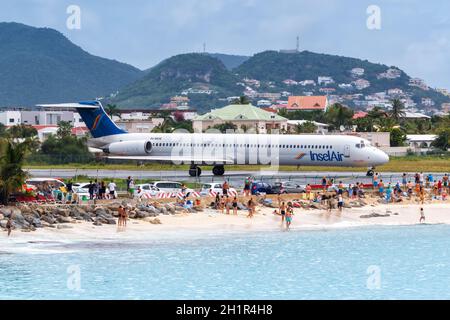 Sint Maarten, Netherlands Antilles - September 21, 2016: Insel Air McDonnell Douglas MD-82 airplane at Sint Maarten Airport in the Netherlands Antille Stock Photo