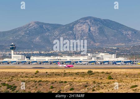 Athens, Greece - September 22, 2020: Wizzair Airbus A320 airplane at Athens Airport in Greece. Stock Photo