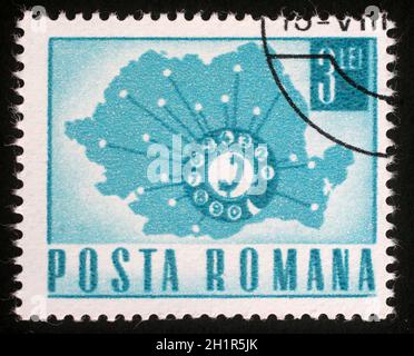 Stamp printed in Romania Map Showing Telephone Network , circa 1971 Stock Photo