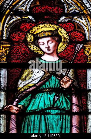 Saint Ursula, stained glass window in the Basilica of Saint Clotilde in Paris, France Stock Photo