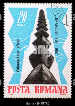 Stamp printed by Romania, shows The Infinite Column, by Brancusi, circa 1967 Stock Photo