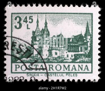 Stamp printed in Romania shows Peles Castle, Sinaia, circa 1972. Stock Photo