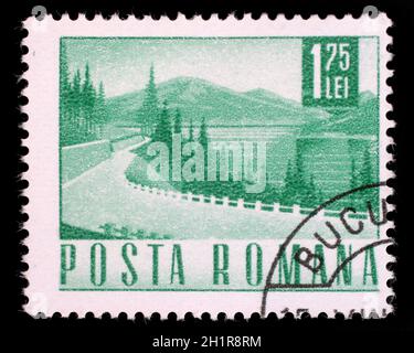 Stamp printed in Romania showing a Lakeside highway, circa 1967. Stock Photo