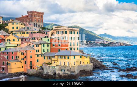 GENOA, ITALY - CIRCA AUGUST 2020: Boccadasse marina panorama, village on the Mediterranean sea with colourful houses. Stock Photo