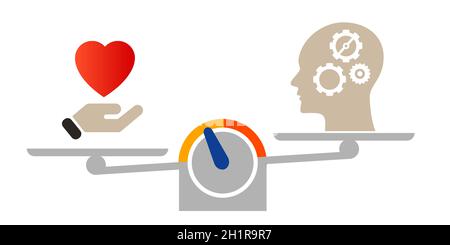 love vs logic choose between mind and heart head thinking compare to emotional scale measure Stock Vector