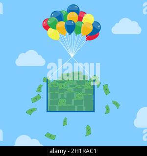 Pile of money rising to the skies with balloons. Conceptual. Stock Vector