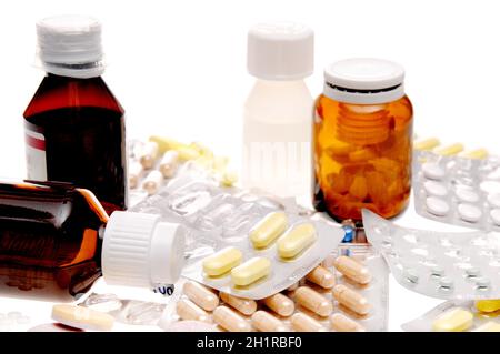 Different types of drugs on white background Stock Photo