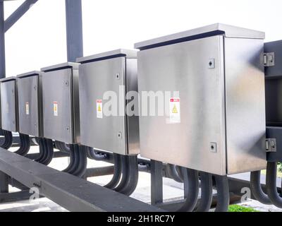 Outdoor electric control box. Circuit controller box. Electric control box with push buttons and switches. Main Power Supply Panel.Electrical Control Stock Photo