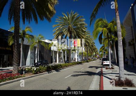 Palm trees on Rodeo Drive, luxury shopping street in Beverly Hills, Los Angeles, California, USA Stock Photo