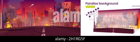 Parallax background city in fire, war destroy, abandoned burning broken buildings and bridge 2d cityscape . Cartoon bomb destruction view with separated layers for game scene, Vector illustration Stock Vector