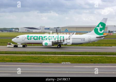 Amsterdam, Netherlands - May 21, 2021: Transavia Boeing 737-800 airplane at Amsterdam Schiphol airport (AMS) in the Netherlands. Stock Photo