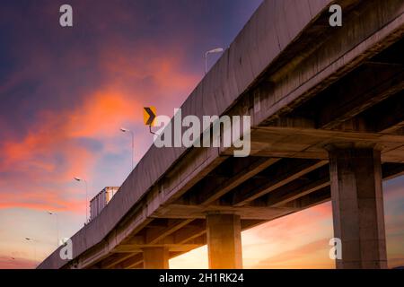 Bottom view of elevated concrete highway. Overpass concrete road. Road ...