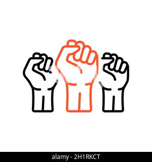 Three clenched fists raised in protest vector icon. Protest, strength, freedom, revolution, rebel, revolt concept Stock Photo