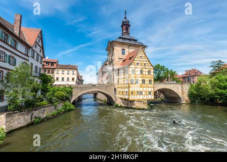 Bamberg, Germany - May 22, 2016: Historical city hall of Bamberg on the bridge across the river Regnitz, Bamberg, Germany. Stock Photo
