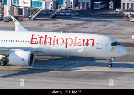 Dubai, United Arab Emirates - May 27, 2021: Ethiopian Airlines Airbus A350-900 airplane at Dubai airport (DXB) in the United Arab Emirates.