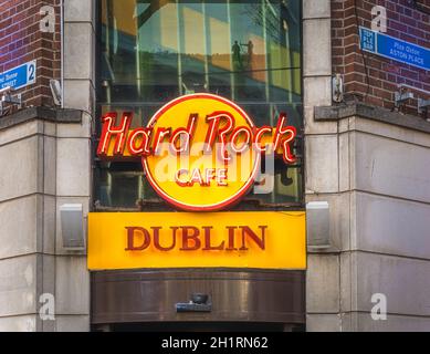 Dublin, Ireland, August 2019 Hard Rock Cafe Dublin neon sign on Tempel Bar street, famous restaurants and hotels Rock n roll themed chain Stock Photo