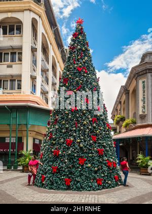 Port Louis, Mauritius - December 25, 2015: Christmas tree in the tropics, on the waterfront of Port Louis, capital of Mauritius. Stock Photo
