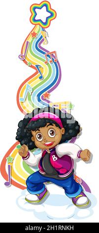 Girl with melody symbols on rainbow wave illustration Stock Vector ...