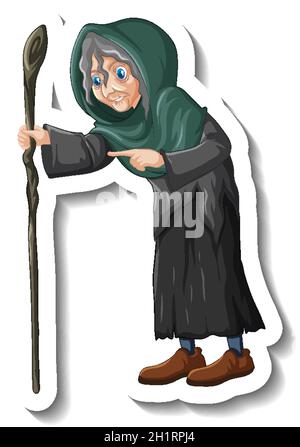 Old witch holding staff cartoon character sticker illustration Stock Vector