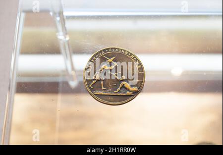 Madrid, Spain - March 6th, 2021: Bronze Medal Alluding to the Treaty of El Pardo, 1739. Museo Naval. Madrid Stock Photo