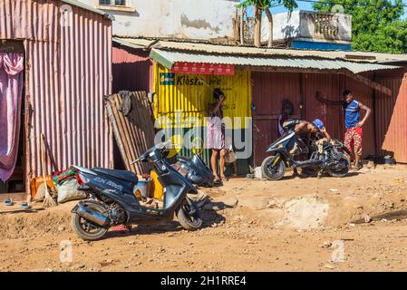 Antsiranana, Madagascar - December 20, 2015: Street scene with people and bikes in Antsiranana (Diego Suarez), north of Madagascar, East African Islan Stock Photo