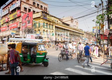 Crowded city street of Bara Bazar, a lively shopping district of Calcutta on a busy working day. Burrabazar, Kolkata West Bengal India South Asia Paci Stock Photo