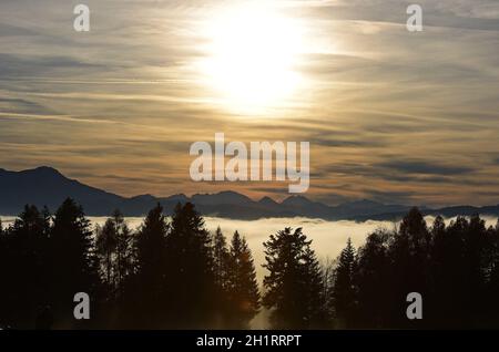 Eine Nebeldecke im Herbst auf dem Gahberg am Attersee, Oberösterreich, Österreich, Europa - A blanket of fog in autumn on the Gahberg am Attersee, Upp Stock Photo