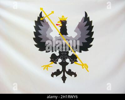 Official flag and coat of arms of the Ukrainian city of Chernihiv. Symbols of Chernihiv Stock Photo