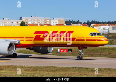 Porto, Portugal - September 21, 2021: DHL European Air Transport EAT Boeing 757-200SF airplane at Porto airport (OPO) in Portugal. Stock Photo