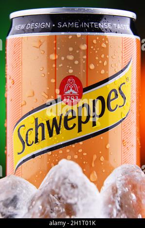 POZNAN, POL - FEB 25, 2021: Can of Schweppes, a Swiss beverage brand, introduced in 1783 and sold around the world Stock Photo