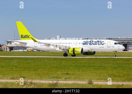 Stuttgart, Germany - September 8, 2021: Air Baltic Airbus A220-300 airplane at Stuttgart airport (STR) in Germany. Stock Photo
