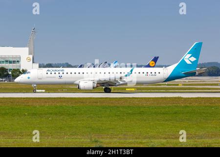 Munich, Germany - September 9, 2021: Air Dolomiti Embraer 195 airplane at Munich airport (MUC) in Germany. Stock Photo