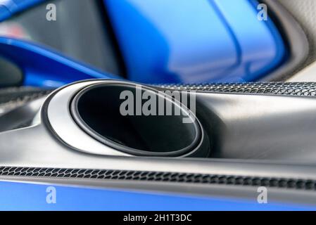 LONDON, UK - CIRCA JUNE 2014: Porsche 918 Spyder top mounted exhaust system detail shot. Stock Photo