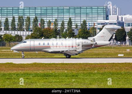 Munich, Germany - September 9, 2021: VistaJet Bombardier Challenger 350 airplane at Munich airport (MUC) in Germany. Stock Photo