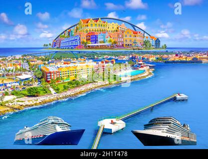 Collage with aerial panorama of Willemstad town in Curacao - The island Curacao is a tropical paradise in the Antilles in the Caribbean sea with beaut Stock Photo